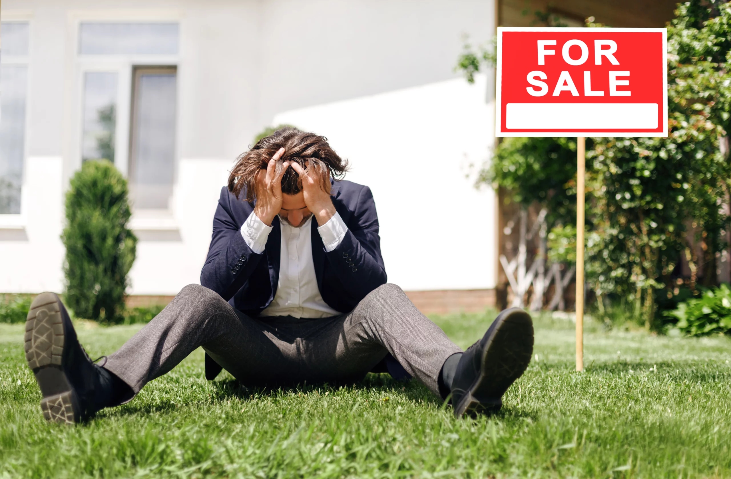 Distressed man in suit next to ‘For Sale’ sign, illustrating stress of stopping foreclosure with emergency Chapter 7 bankruptcy filing.